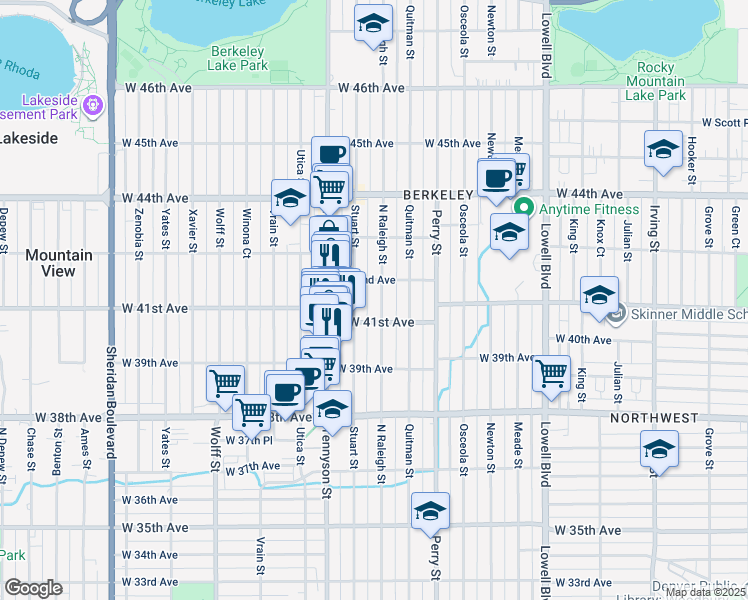 map of restaurants, bars, coffee shops, grocery stores, and more near 4215 West 41st Avenue in Denver