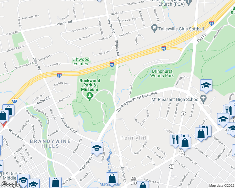 map of restaurants, bars, coffee shops, grocery stores, and more near 619 Shipley Road in Wilmington