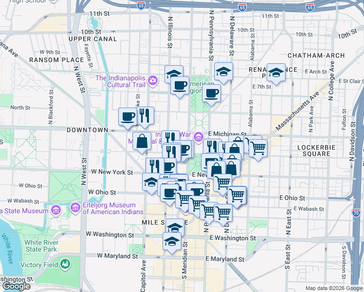 map of restaurants, bars, coffee shops, grocery stores, and more near 410 North Meridian Street in Indianapolis