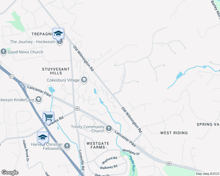 map of restaurants, bars, coffee shops, grocery stores, and more near 713 Old Wilmington Road in Hockessin