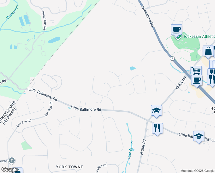 map of restaurants, bars, coffee shops, grocery stores, and more near 1 Springbrook Lane in Newark
