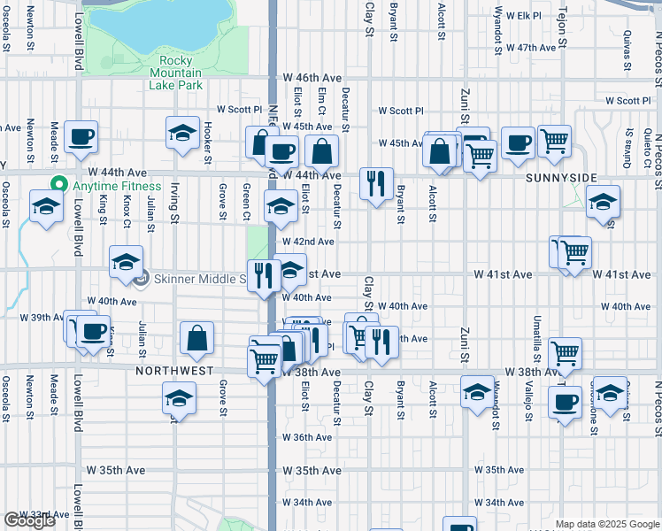 map of restaurants, bars, coffee shops, grocery stores, and more near 4119 Decatur Street in Denver