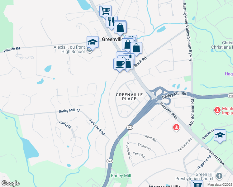 map of restaurants, bars, coffee shops, grocery stores, and more near 251 Presidential Drive in Greenville