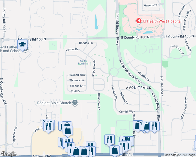 map of restaurants, bars, coffee shops, grocery stores, and more near 706 Hollowood Lane in Avon