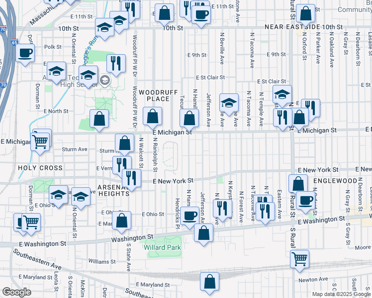 map of restaurants, bars, coffee shops, grocery stores, and more near 440 North Hamilton Avenue in Indianapolis