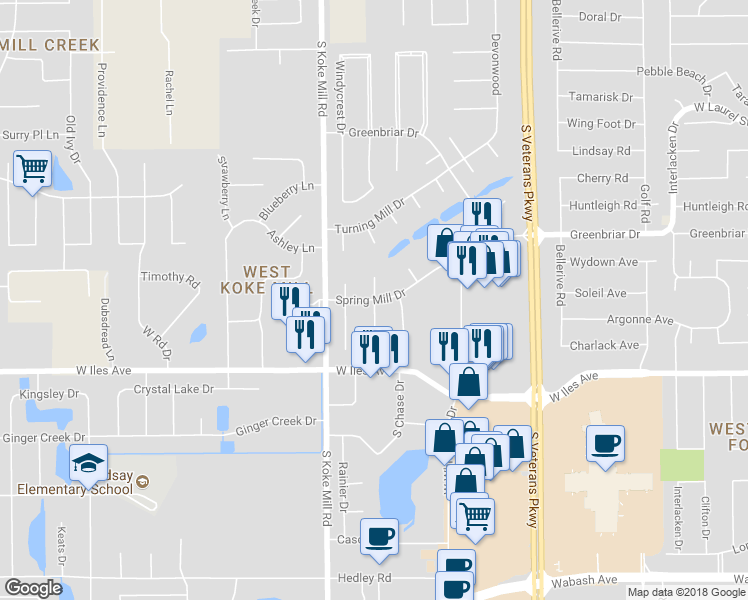 map of restaurants, bars, coffee shops, grocery stores, and more near 2299 Silver Mill Court in Springfield