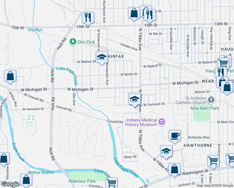 map of restaurants, bars, coffee shops, grocery stores, and more near 3538 West Michigan Street in Indianapolis