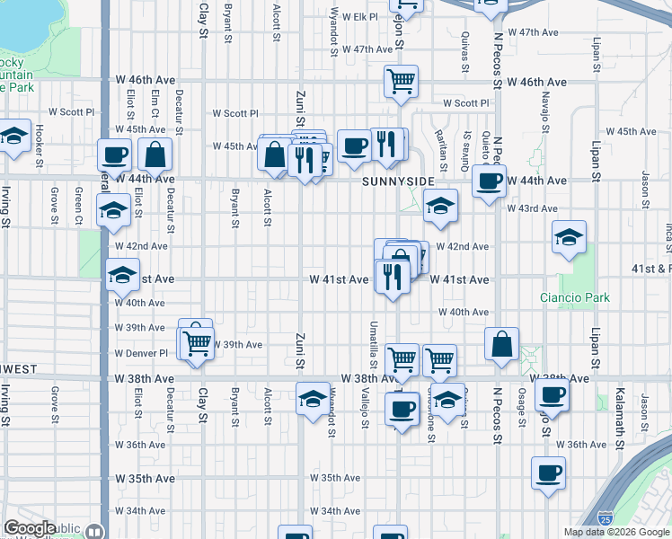 map of restaurants, bars, coffee shops, grocery stores, and more near 4158 Vallejo Street in Denver
