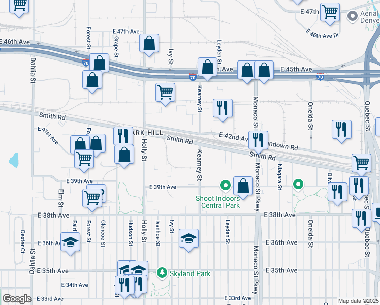 map of restaurants, bars, coffee shops, grocery stores, and more near 6090 Smith Road in Denver