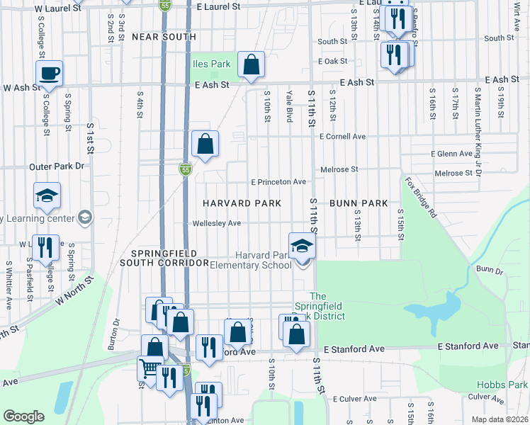 map of restaurants, bars, coffee shops, grocery stores, and more near 2351 South 10th Street in Springfield