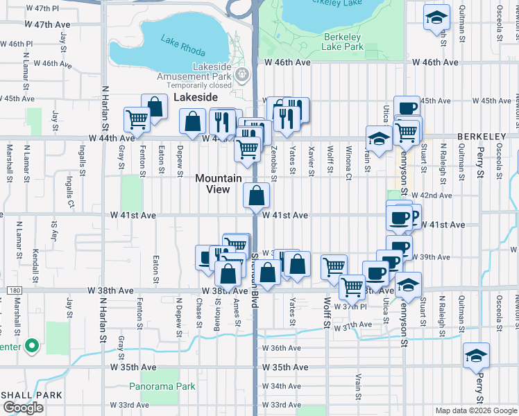 map of restaurants, bars, coffee shops, grocery stores, and more near 4155 Zenobia Street in Denver