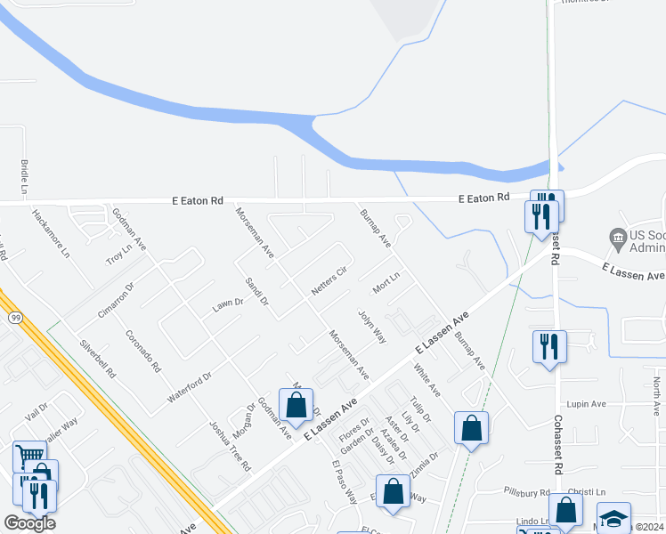 map of restaurants, bars, coffee shops, grocery stores, and more near 843 Netters Circle in Chico