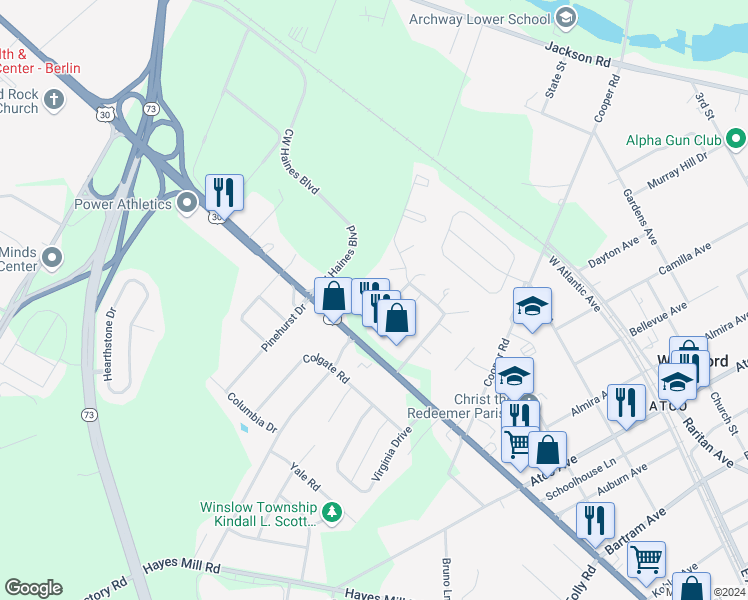 map of restaurants, bars, coffee shops, grocery stores, and more near 2211 Laurie Court in Atco