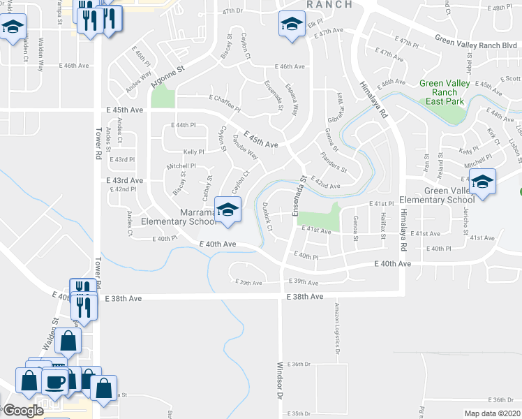 map of restaurants, bars, coffee shops, grocery stores, and more near 4137 Dunkirk Court in Denver