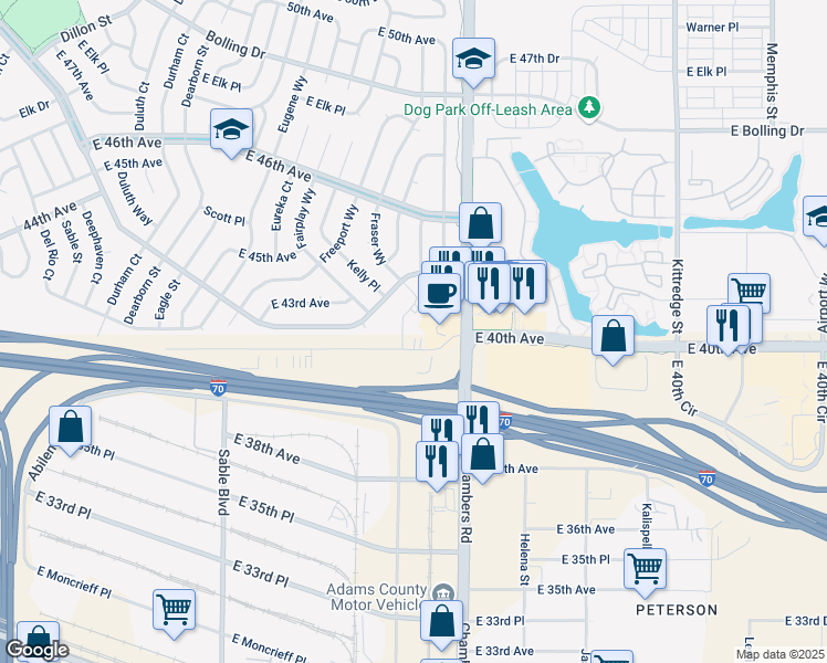 map of restaurants, bars, coffee shops, grocery stores, and more near 4201 Fraser Way in Denver