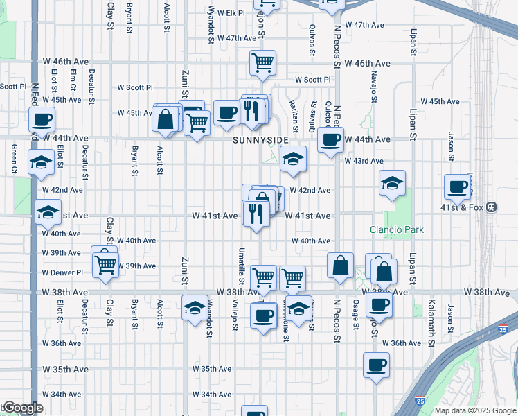map of restaurants, bars, coffee shops, grocery stores, and more near 4154 Umatilla Street in Denver
