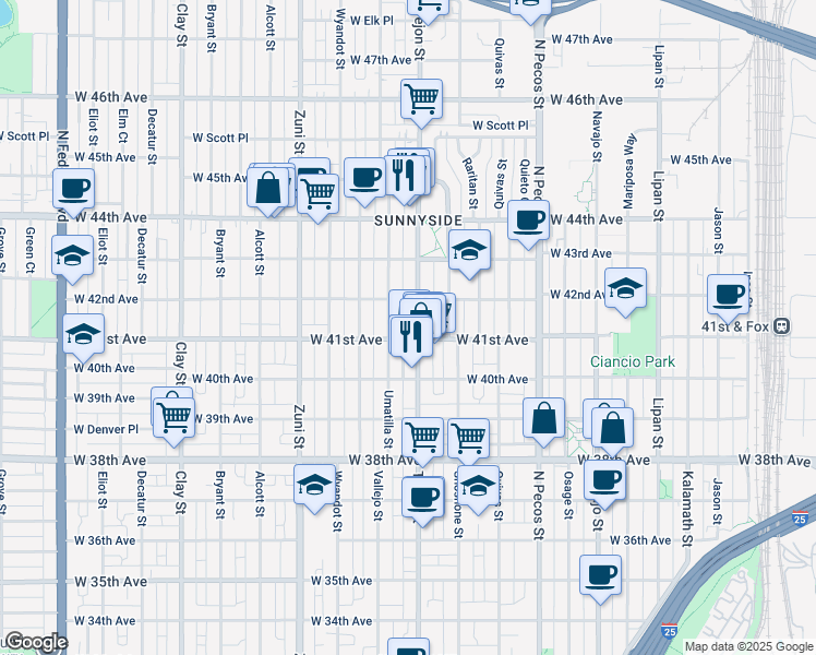 map of restaurants, bars, coffee shops, grocery stores, and more near 4154 Umatilla Street in Denver
