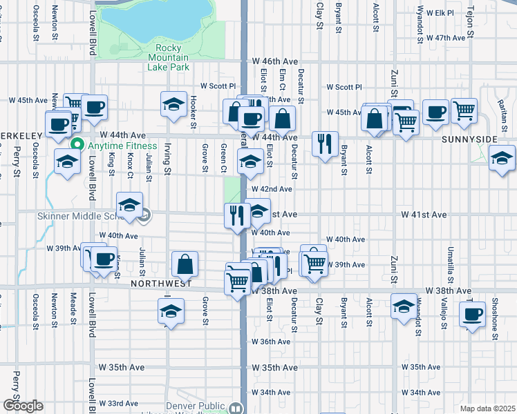 map of restaurants, bars, coffee shops, grocery stores, and more near 4155 Eliot Street in Denver