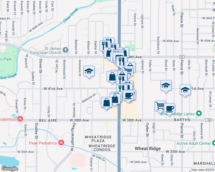 map of restaurants, bars, coffee shops, grocery stores, and more near 4 3 Acre Lane in Wheat Ridge