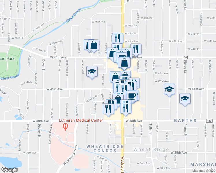 map of restaurants, bars, coffee shops, grocery stores, and more near 4160 Yarrow Court in Wheat Ridge