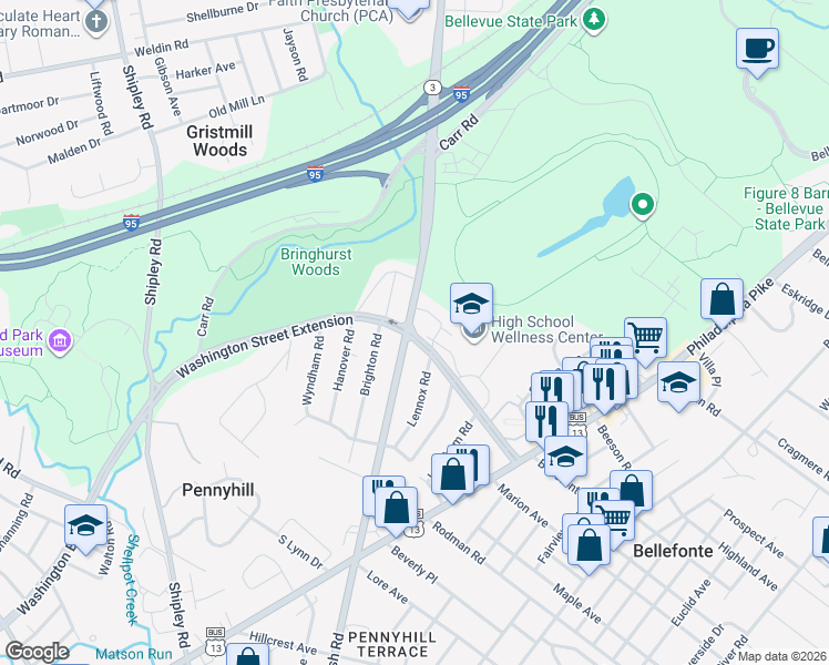 map of restaurants, bars, coffee shops, grocery stores, and more near in New Castle County