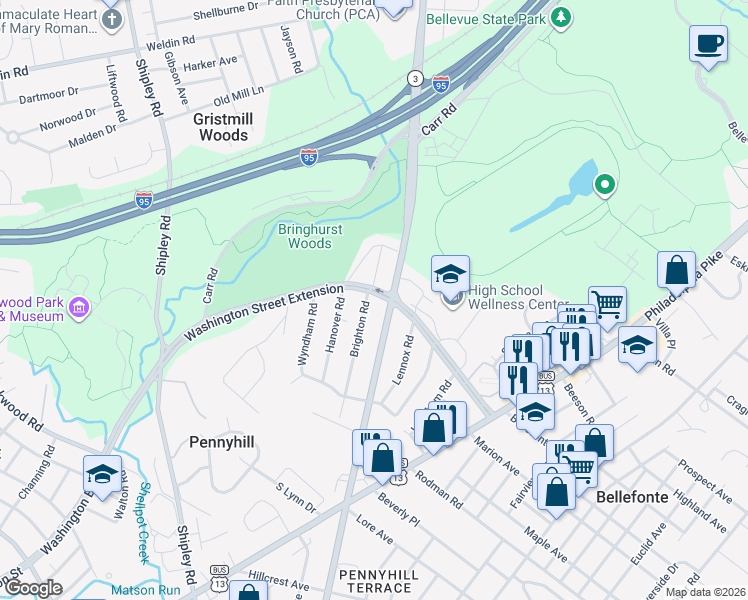 map of restaurants, bars, coffee shops, grocery stores, and more near 604 Brighton Road in Wilmington