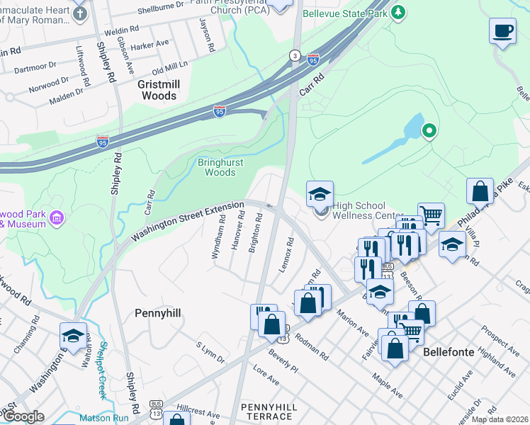 map of restaurants, bars, coffee shops, grocery stores, and more near 604 Brighton Road in Wilmington
