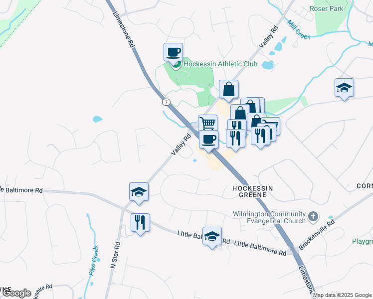 map of restaurants, bars, coffee shops, grocery stores, and more near 58 Emandan Lane in Hockessin