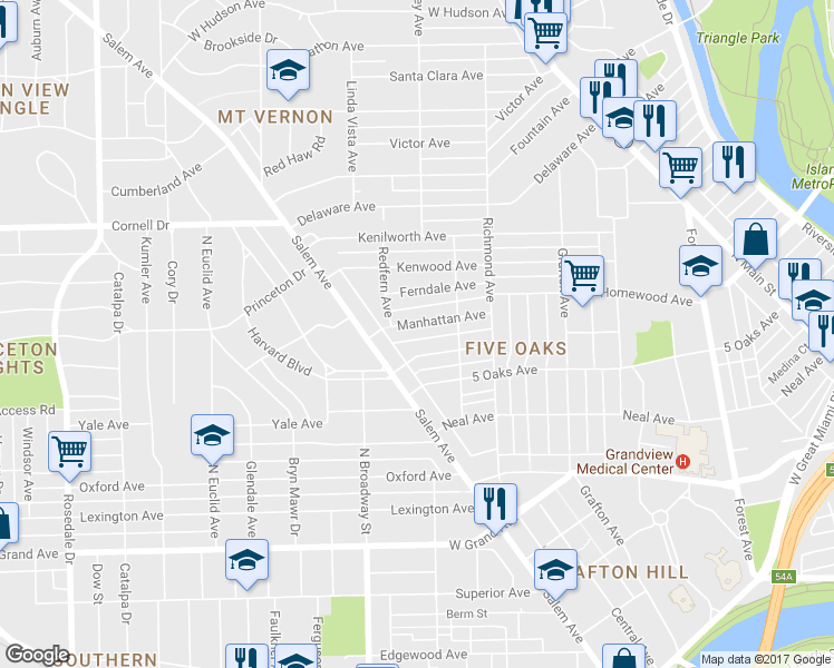 map of restaurants, bars, coffee shops, grocery stores, and more near 943 Manhattan Avenue in Dayton