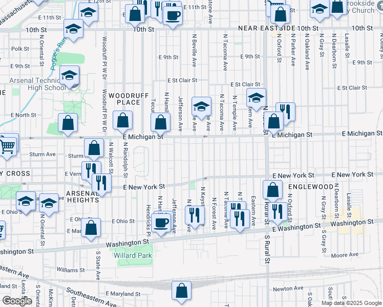 map of restaurants, bars, coffee shops, grocery stores, and more near 2309 East Michigan Street in Indianapolis