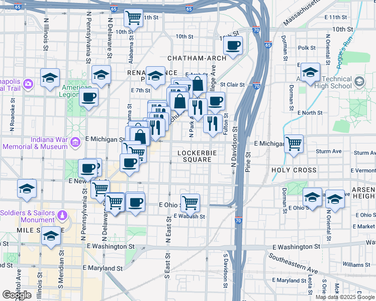 map of restaurants, bars, coffee shops, grocery stores, and more near 516 East Michigan Street in Indianapolis