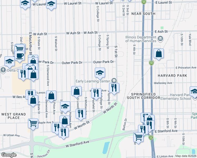 map of restaurants, bars, coffee shops, grocery stores, and more near 2400 South College Street in Springfield