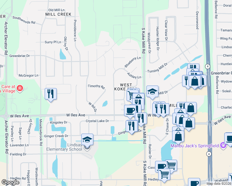 map of restaurants, bars, coffee shops, grocery stores, and more near 2128 Checkerberry Lane in Springfield