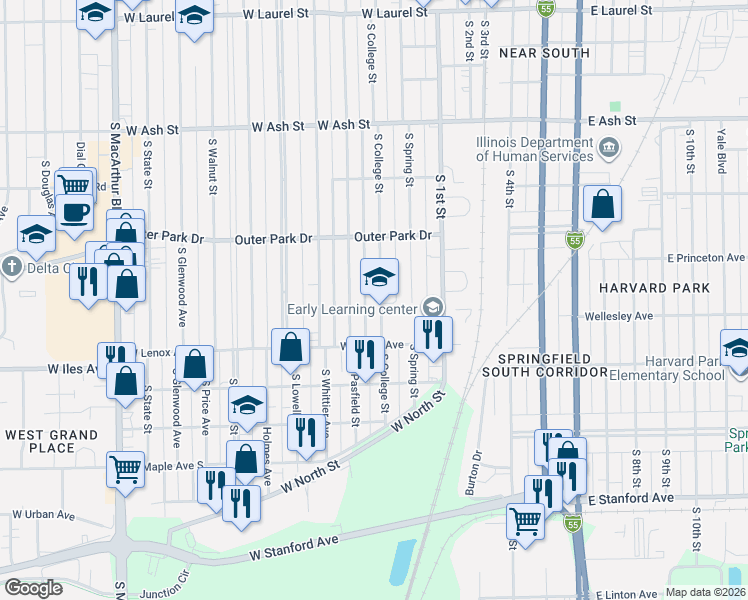 map of restaurants, bars, coffee shops, grocery stores, and more near 2400 South College Street in Springfield