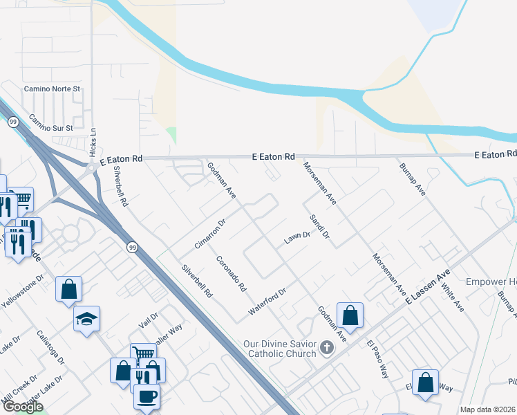 map of restaurants, bars, coffee shops, grocery stores, and more near 43 Redeemers Loop in Chico