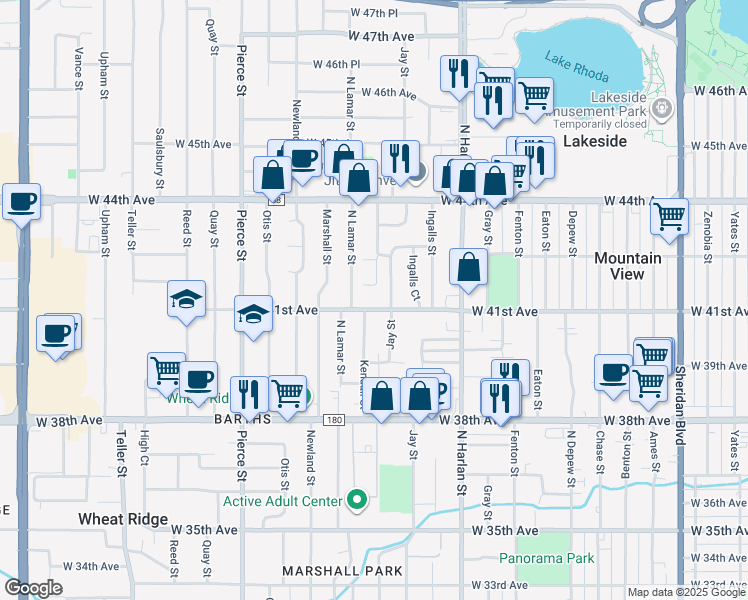 map of restaurants, bars, coffee shops, grocery stores, and more near 4135 Jay Street in Wheat Ridge