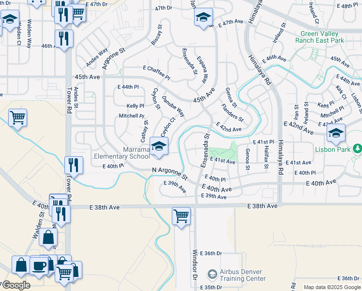 map of restaurants, bars, coffee shops, grocery stores, and more near 4107 Dunkirk Court in Denver