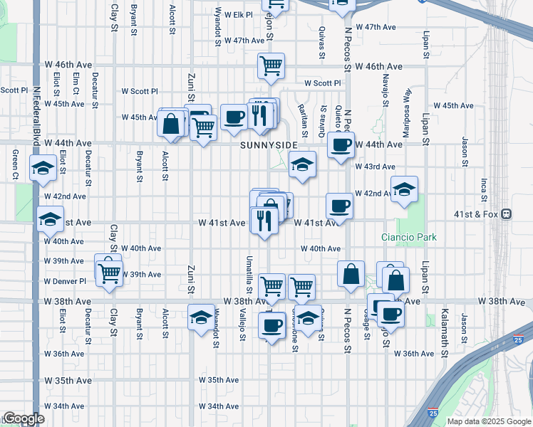 map of restaurants, bars, coffee shops, grocery stores, and more near 4154 Umatilla Street in Denver