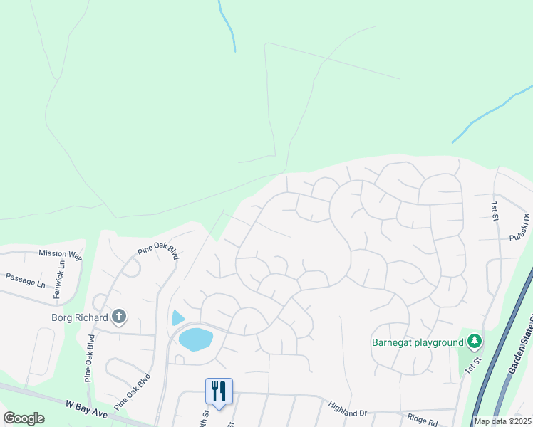 map of restaurants, bars, coffee shops, grocery stores, and more near 110 Lakeland Drive in Barnegat Township