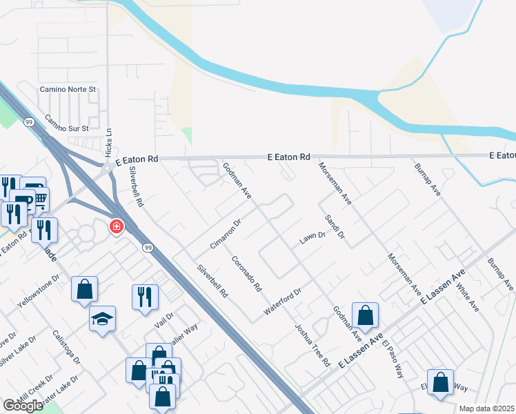 map of restaurants, bars, coffee shops, grocery stores, and more near Godman Avenue & Cimarron Drive in Chico