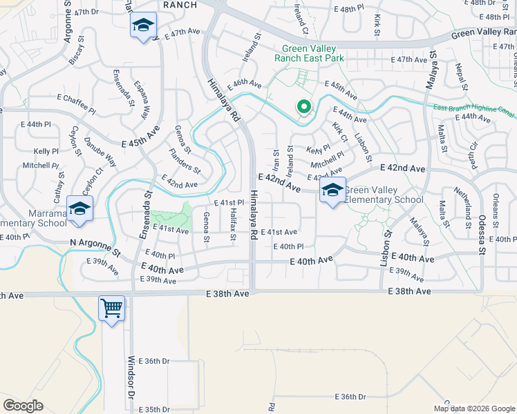 map of restaurants, bars, coffee shops, grocery stores, and more near 20106 East 41st Place in Denver