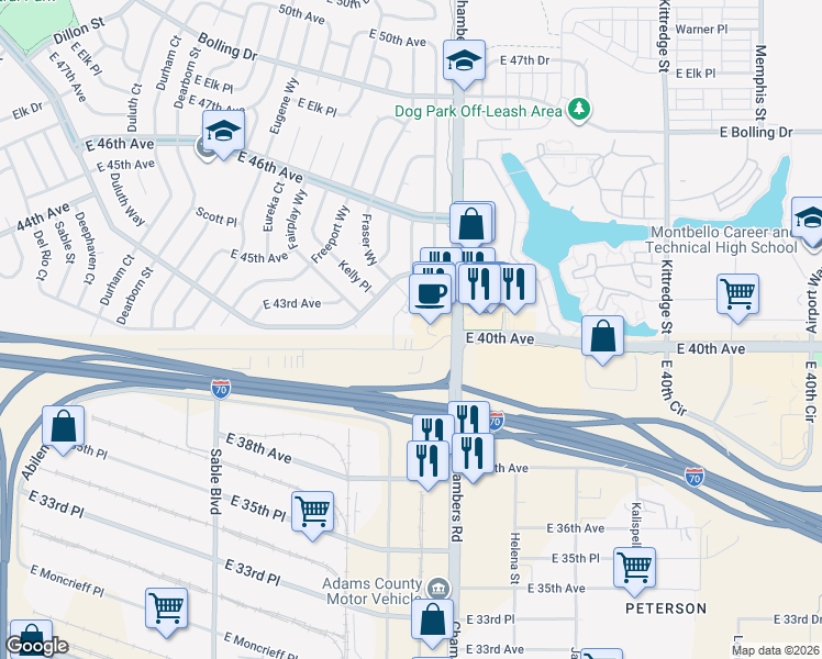 map of restaurants, bars, coffee shops, grocery stores, and more near 15255 East 40th Avenue in Denver