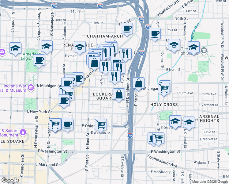 map of restaurants, bars, coffee shops, grocery stores, and more near 708 East Michigan Street in Indianapolis