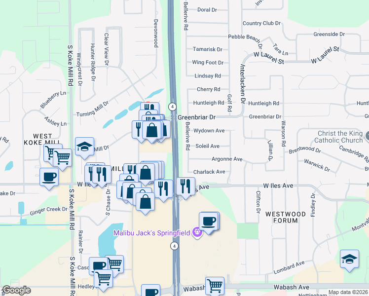 map of restaurants, bars, coffee shops, grocery stores, and more near South Veterans Parkway in Springfield