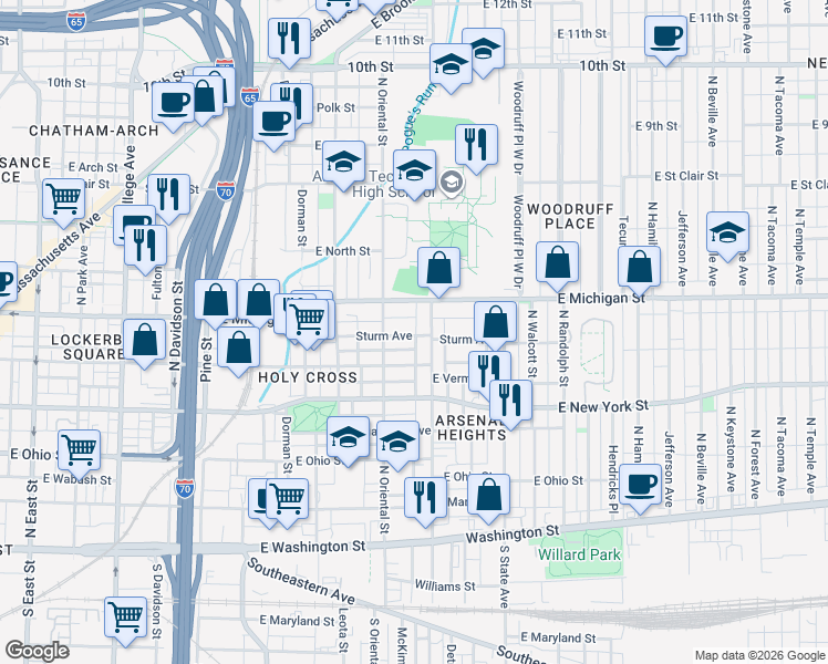 map of restaurants, bars, coffee shops, grocery stores, and more near 1421 East Michigan Street in Indianapolis