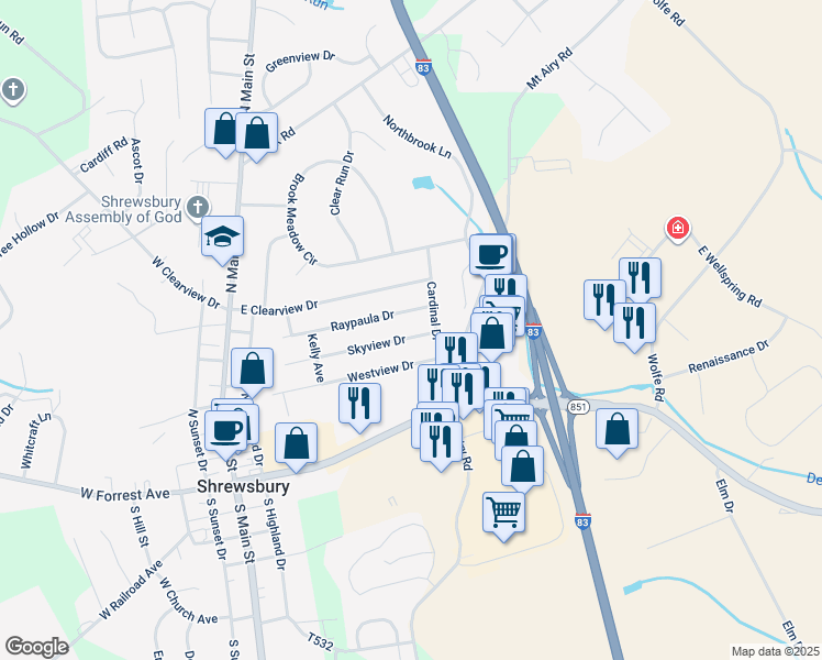 map of restaurants, bars, coffee shops, grocery stores, and more near 121 Skyview Drive in Shrewsbury