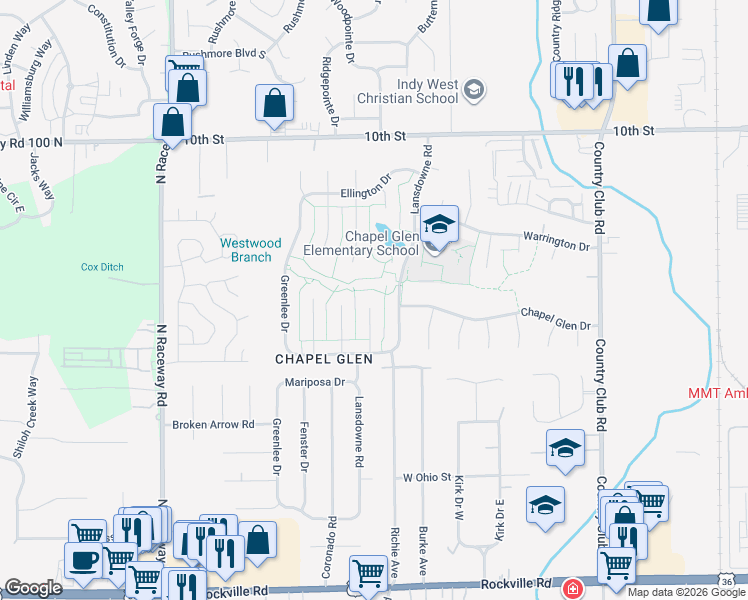 map of restaurants, bars, coffee shops, grocery stores, and more near 535 Montrose Court in Indianapolis