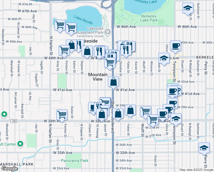 map of restaurants, bars, coffee shops, grocery stores, and more near 4112 Ames Street in Denver
