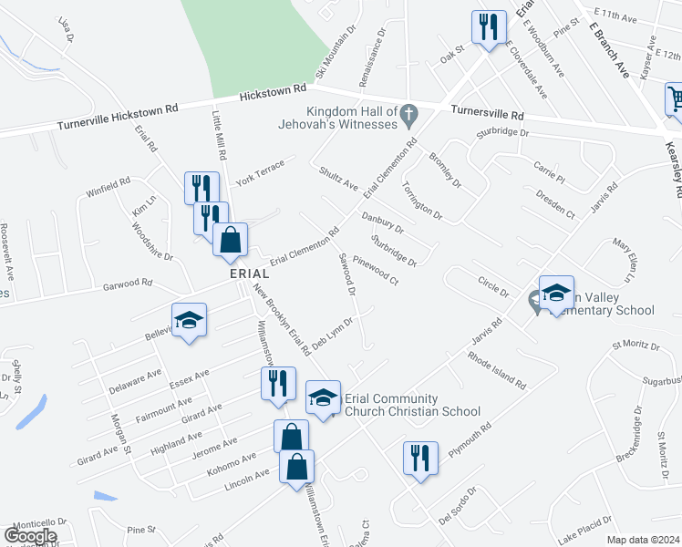 map of restaurants, bars, coffee shops, grocery stores, and more near 11 Sawood Drive in Sicklerville