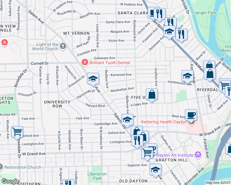 map of restaurants, bars, coffee shops, grocery stores, and more near 954 Manhattan Avenue in Dayton